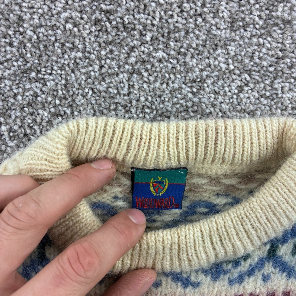 Vintage Woodward Sweater Mens XS Cream Blue Fair Isle Knit Wool Blend SHRUNK - Picture 3 of 5